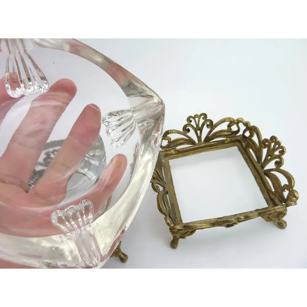 Vintage Hollywood Regency Glass Ashtrays Gold Filigree Jewelry Trinket Dishes